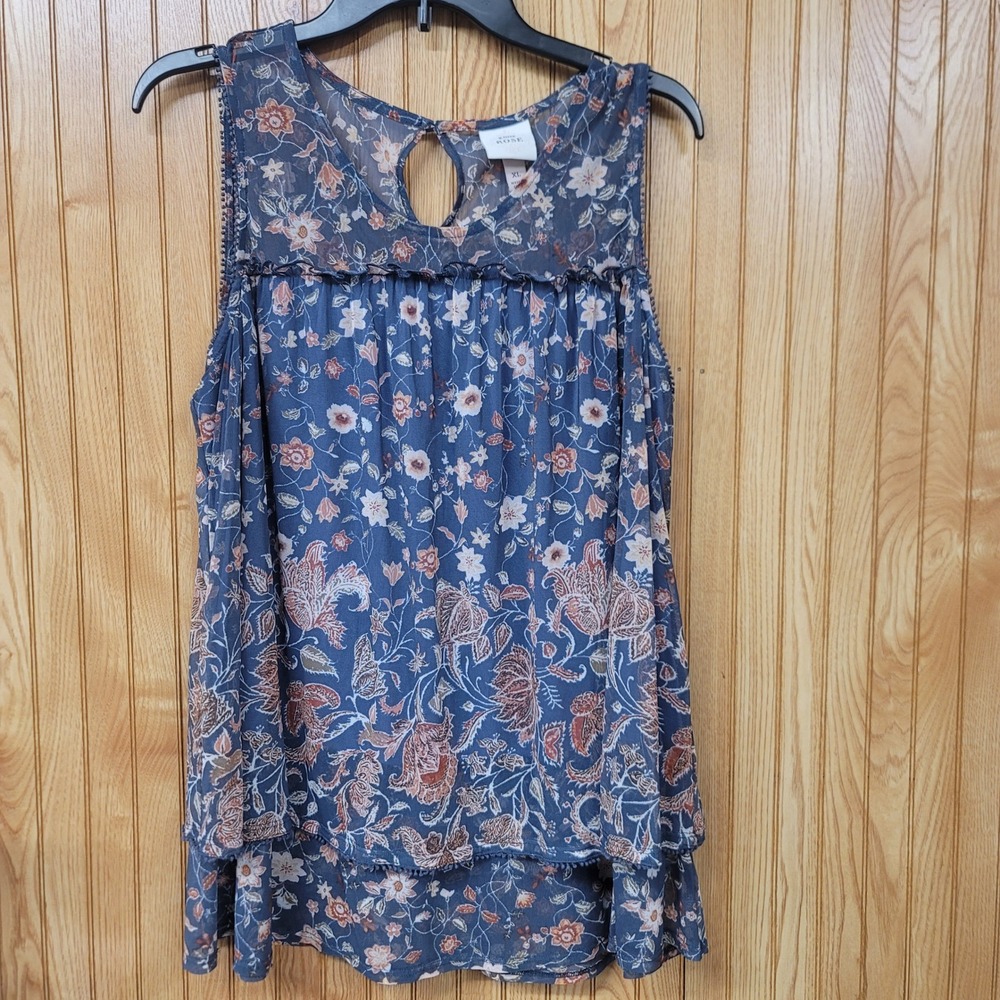 Knox Rose Blue Floral Mesh Tiered Babydoll Tank Top XL Cottagecore Shabby Chic